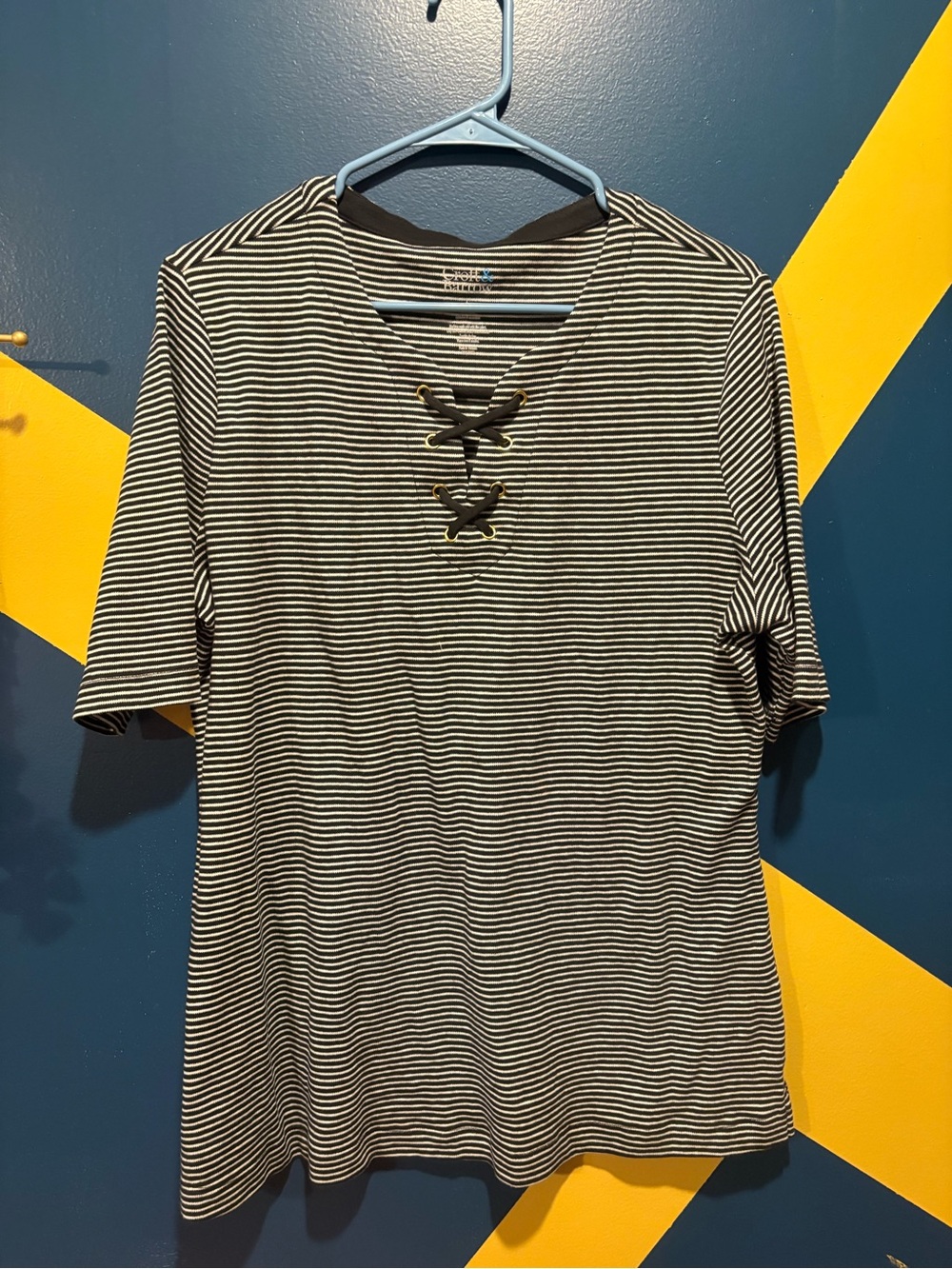 Croft & Barrow Black & White Stripe Lace Up Short Sleeve Tee NWOT